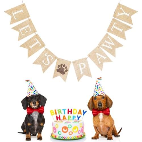Fashion Wall Hanging Burlap Banner LETS PAWTY Pet Birthday String Chain Party Banner Handmade for Pet Dog Dogs Birthday Decor