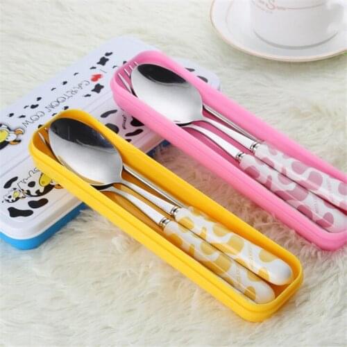 Baby Kids Cute Fork Spoon Cutlery Set Cartoon Ceramic Handle Stainless Steel Children Chopsticks Fork Cutlery Portable Tableware