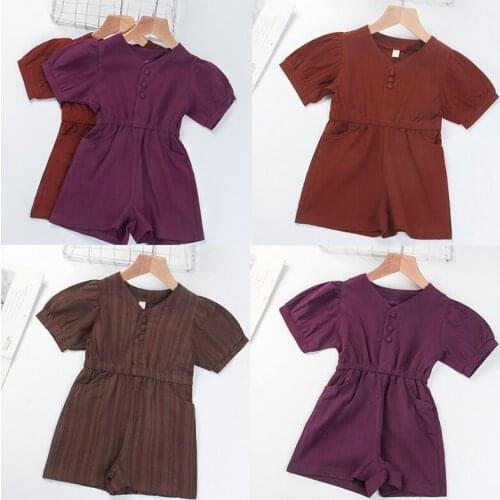 Casual Kids Girls Summer Clothes Outfits New Girls Short Sleeve Waist Cotton Trousers One-Piece Clothes Little Girls Jumpsuits