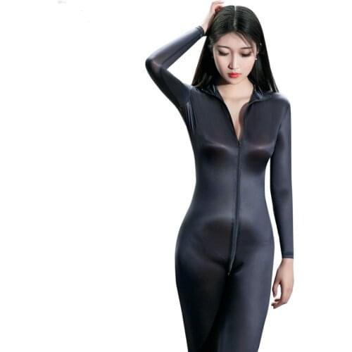 Sexy Open Crotch Full Body Bodysuit Oil Gloosy Shiny Shaping Bodysuit Catsuit Sheer See Through Teddy Sexy Tight Candy Color F34