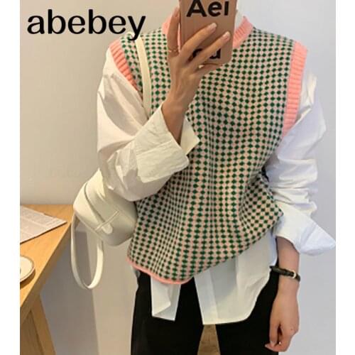 Sweater Vest Women O-neck Argyle Korean Style Vintage Streetwear Soft Warm Casual Female Tops Knitting Elegant Basic Harajuku