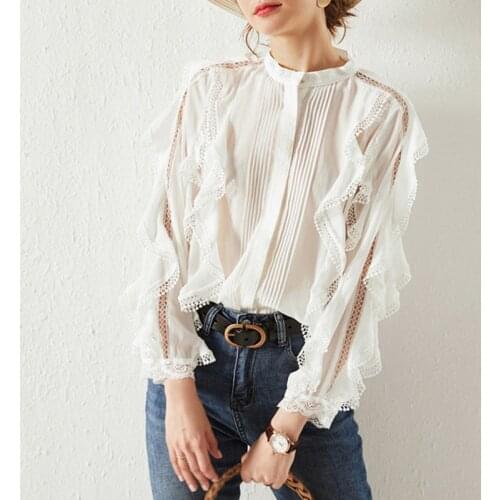 GypsyLady Vintage Chic French Blouse Shirt Autumn Hollow Out Sheer Women Blouse Long Sleeve Trims Ruffles Sexy Female Tops 2021
