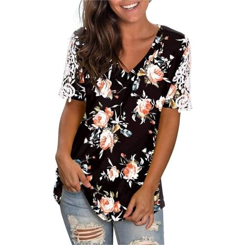 Ladies T-shirt Summer Short Sleeve Women Hollow Fashion Rose Flower Print Short Sleeve V-Neck T-Shirt Top Shirts camiseta mujer