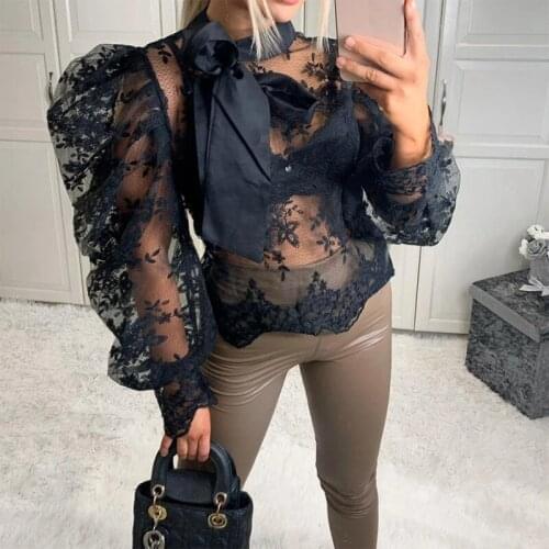 Sexy Women Lady Crochet Mesh Sheer See-Through Long Puff Sleeve Tops Shirt Bow Neck Loose Casual Blouse Top Streetwear