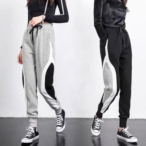Women Fashion Jogger Pants Female Korean Black Grey Spliced High Waist Drawstring Trousers Ladies Casual Slim Pants