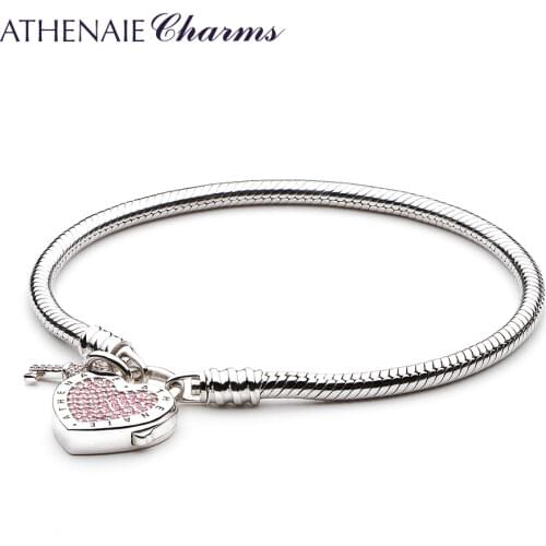 ATHENAIE 925 Sterling Silver Love Snake Chain Charms Bracelet & Bangle with CZ Lock of Heart Clasp Fit Women Wedding DIY Jewelry