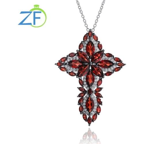 GZ ZONGFA Men and Women Garnet Cross Rhodium plated red Gem Pendant S925 sterling silver Necklace Jewelry
