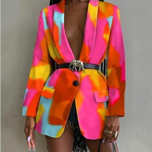 2021 Autumn Winter New Women Fashion Print Blazer Coat Sexy V Neck Single Button Jackets Female Elegant OL Office Outwear