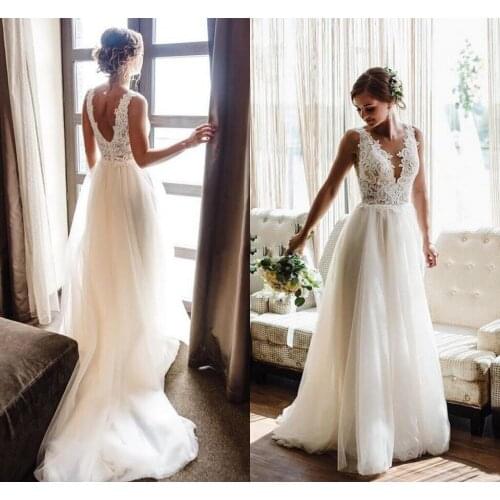 Country Wedding Dresses V Neck Backless Sweep Train Appliques Beads Garden Beach Boho Bridal Gowns Vestidos De Novia Plus Size