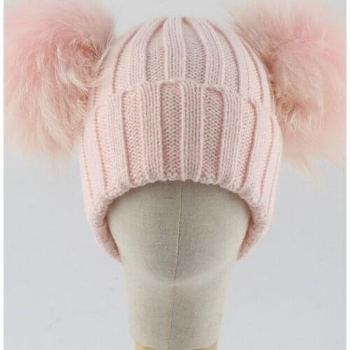 Winter Warm Beanies For Kids Real Raccoon Hair Ball Colorful Cute Double Pompom Knitted Woolen hats Baby Girls Boy