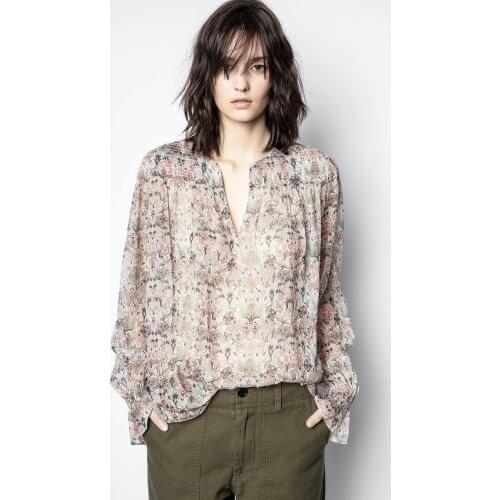 2021 New Woman Floral Print Beaded Blouse Long Sleeves V-neck Fashion Thin Tops