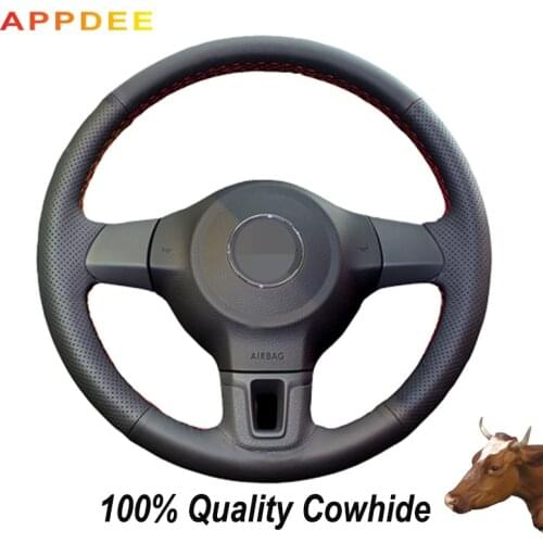 APPDEE Black Genuine Leather Car Steering Wheel Cover for Volkswagen Golf 6 Mk6 VW Polo MK5 2010 2012 2013