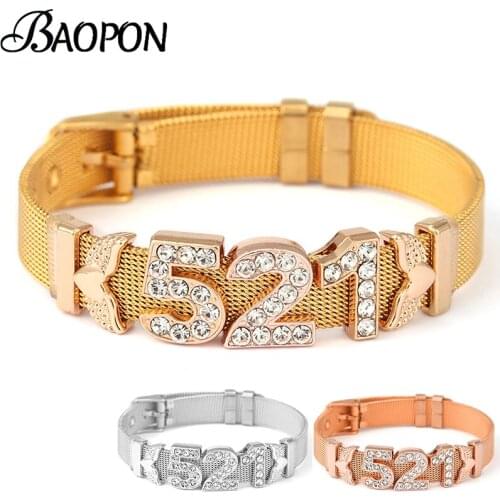 BAOPON Gold Color Stainless Steel Strap Mesh Bracelets For Women 521 Beads Charm Watch Keeper Bracelet Bangle Girlfriend Jewelry