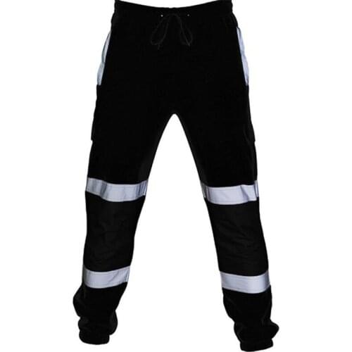 Cofekate Men Fashion Road Work High Visibility Casual Pocket Work Casual Trousers Black Reflective Sweatpants Cargo Pants Men