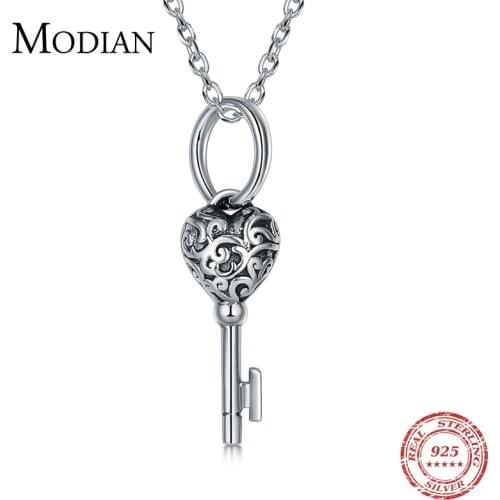 Modian 100% Real 925 Sterling Fashion Vintage Heart Line Key Necklace Pendant Charm Simple Chain For Women Luxury Silver Jewelry