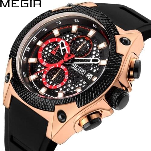 MEGIR Mens Watches Top Brand Luxury Silicone Sports Watch for Men Relogio Masculino Rose Gold Chronograph Wristwatch Man Clock