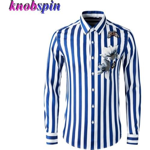 Classic Striped Print Shirt Men Long sleeve Elegant Embroidery Chemise homme Casual Slim business male Cotton Silk Shirts M-4XL