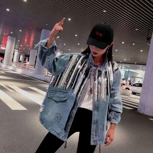 HAOLONGHAN Spring And Autumn Womens Denim Jacket, Zipper Loose Denim Jacket, Sequin Striped Mid-Length Denim Jacket For Women