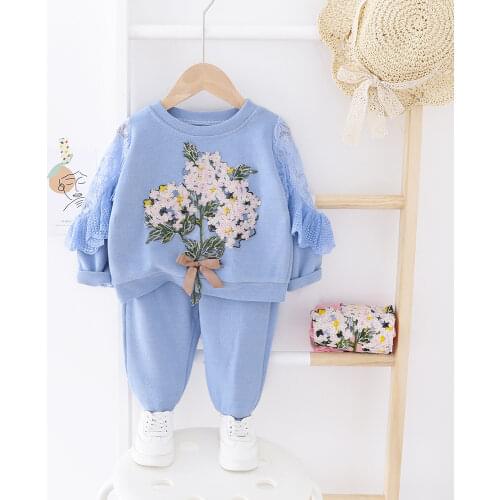LZH 2021 Autumn Clothes Toddler Girls Suit Embroidered Lace Tops+Trousers 2Pcs Set Casual Children Flowers Clothes 1-2-4-5 Year