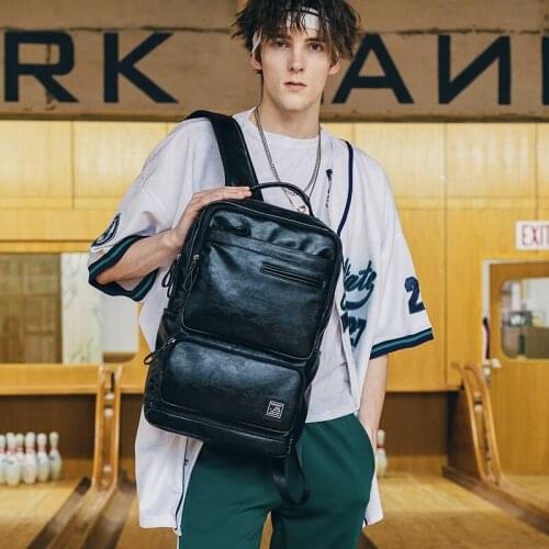 Men Leather USB Cable Travel Laptop Backpack With Headphone Hole School Backpack Has Front Pocket Bagpack mochila