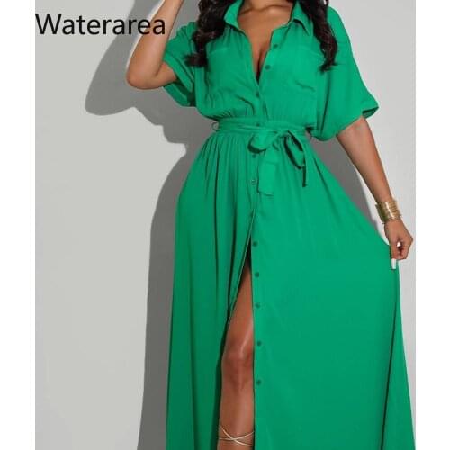Waterarea Women Shirt Dresses Solid Half Sleeves Belt Single Breased Vestido Casual Female Maxi Pleated Dress Office Lady