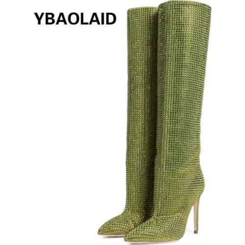 Catwalk Pointed Starry Starry Rhinestone High-heeled Knee-length Boots New Suede Sleeve Sexy Stiletto High-heeled Fashion Boots