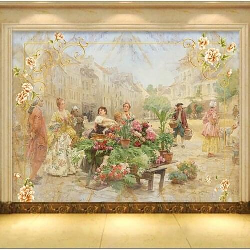 Custom Photo Wallpaper European Style Marble Street Flower Landscape 3D Mural Living Room Background Wall Cloth Creative Decor