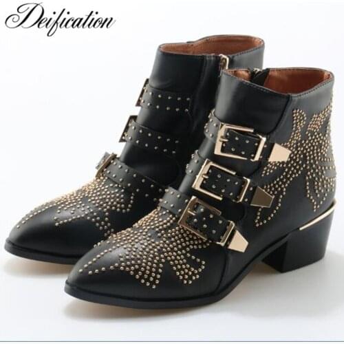 Luxury Susanna Studded Ankle Boots Winter Dress Genuine Leather Woman Martin Boots Fashion Chunky Heel Motorcycle Boots Big Size