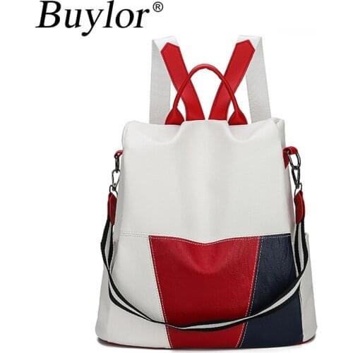 Buylor PU Leather Women Backpack Hit Color Casual Outdoor Anti-Theft Travel Backpack Large Capacity Schoolbag for Teenage Girls