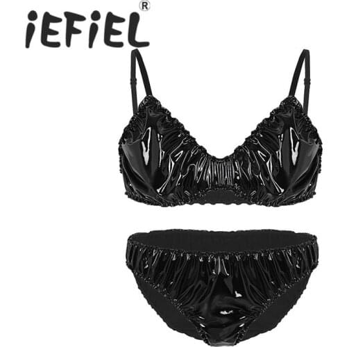 Sexy Fashion Male Mens Sissy Faux Leather Ruffled Lingerie Set Adjustable Spaghetti Strap Bra Top with Briefs Underwear Panties