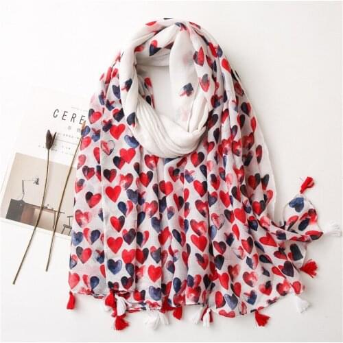 Spring Summer 2021 Shawl Scarf Red Heart Printed Viscose Neck Wraps Large Tassel Head Scarf Soft Pashmina Foulards 180x90cm