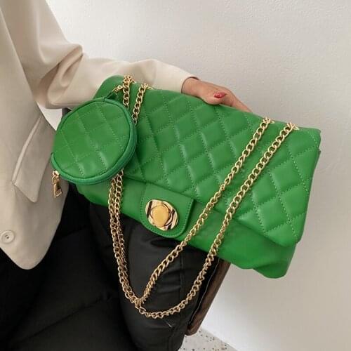 Pu Leather Women Shoulder Bag Chain Quilted Crossbody Bags Green Diamond Lattice Handbag 2 Pieces Set Square Lady Messenger Bag