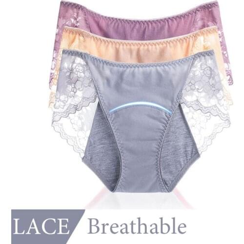 Women Sexy Lace See Through Transparent Prevent Side Leakage Menstrual Panties Cotton Cortch Brief Plus Size Seamless Underpants