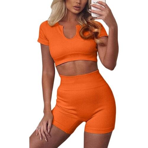 Womens Two-piece Yoga Set Summer Solid Color Sportswear V-neck Short Sleeve Crop Tops+High Waist Shorts Workout Fitness Suits