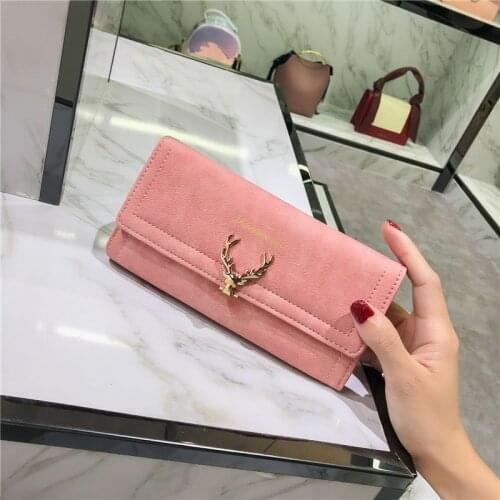 Womens Wallet Fashion Deer Head Matte Leather Female Long Letter Hasp Three Fold Clutch Bag Coin Purses Card Holder Money Clip