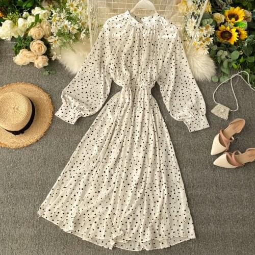 Women Dress Vintage Dot Print maxi dress Ladies Office Elegant Long Sleeve A-Line Dress Women Slim Chiffon Dresses Vestido Mujer