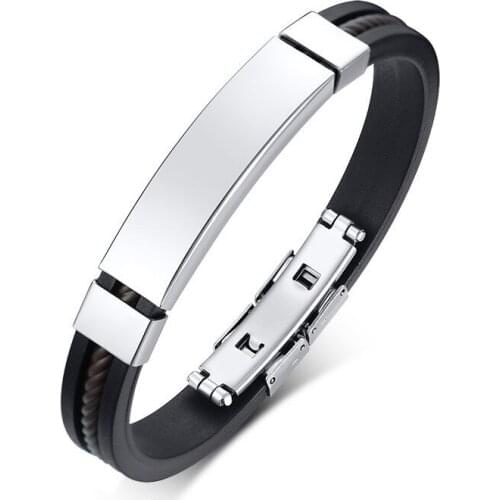 Modyle Engraving Name Punk Male Black Silicone Silver Color Stainless Steel Jewelry Bracelet Bangles Gifts