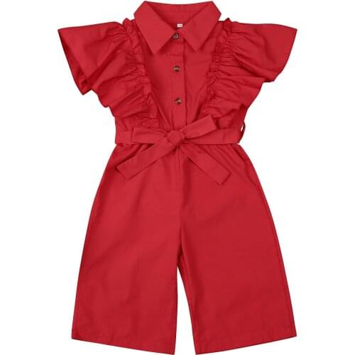1-6Years Kids Girls Clothes Fashion Fly Sleeve Bow Solid Color Jumpsuit Summer Playsuits Long Pants for Children One Piece