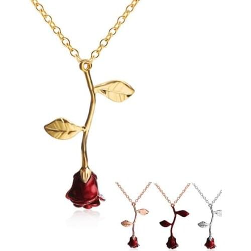 1pc Fashion Jewelry Collier Red Sliver Gold Rose Statement Pendant Necklace Womens Beauty and Beast Jewelry Lovers Gifts