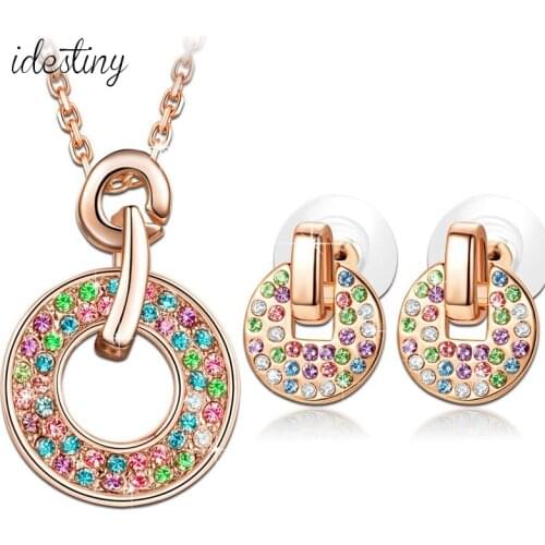 11.11 Sale Fancy Necklace Sets for Women Colorful Austria Crystal Necklaces Pendants And Earing Jewelery Set Luxury Noblest Gift