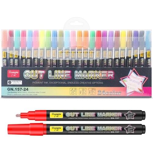 12/24 pcs Outline Metallic Markers, Double Line Magic Shimmer Paint Pens For Kids Adults DRAWING Art Signature Coloring Journal