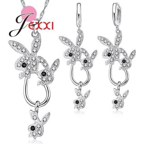 2PCS/SET Women Cute Jewelry Sets Crystal 925 Sterling Silver Chain Cartoon Rabbit Pendant Necklace Earrings Set