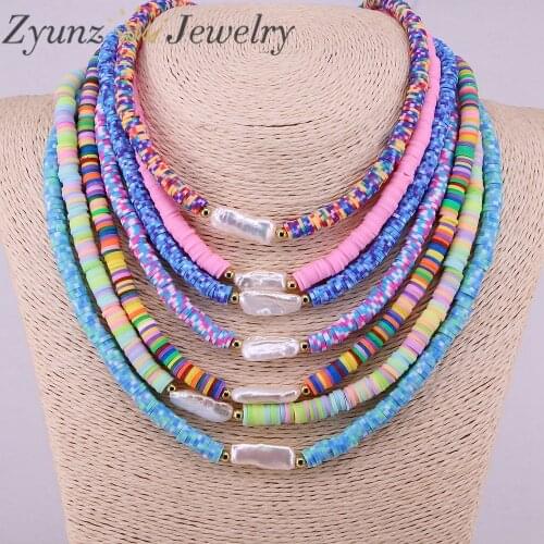 5PCS, Freshwater Pearl & Heishi Bead Necklace, Multi Colour Bohemian Necklace, Polymer Clay Disc Beads, Bright Summer Necklace