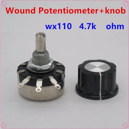 5pcs WX110(010) 4.7k ohm 3 Soldering Terminals 6mm Round Metal Shaft Single Turn Wire Wound Potentiometer+knob