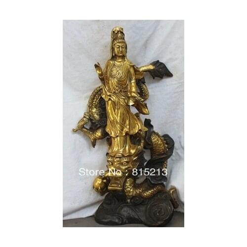Bi00595 26" Chinese Buddhism Bronze Gild Kwan- Yin Guan Yin Goddess Ride Dragon Statue