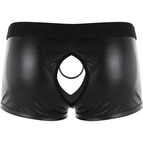 IEFiEL Black Gay Mens Lingerie Panties Soft Faux Leather Cut Out Low Rise Boxer Briefs Underwear with Ball Lifter Metal O-ring