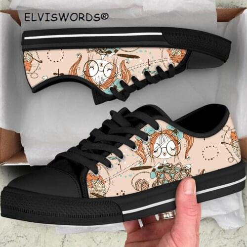 ELVISWORDS Cute Girl Needlewoman Prints Classic Low Top Style Canvas Vulcanized Shoes for Women Leisure Ladies Flats Shoes