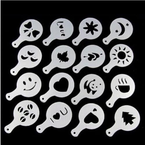 16Pcs/set Coffee Mould Decorating Tools Cappuccino Coffee Barista Stencils Template Strew Pad Duster Spray Tool