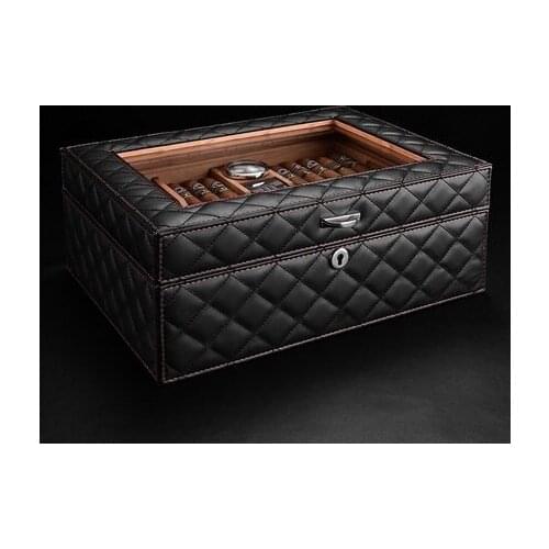 Humidor cedar wood, moisturizing cigarette case first layer leather double partition built-in hygrometer,صندوق السيجار