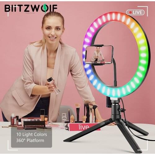 BlitzWolf BW-SL5 RGB LED Ring Light with Tripod for Phone Dimmable Selfie Ring Light with Phone Holder for YouTube Video Living